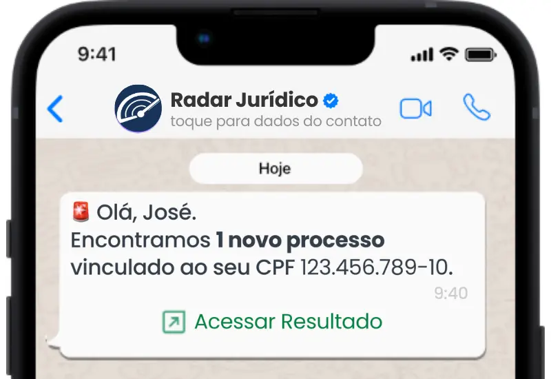 Exemplo de alerta do Radar Jurídico no WhatsApp